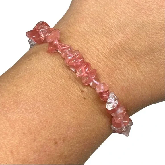 Cherry Quartz Stretch Bracelet Beaded Gemstone Chip Chips Pink Stacking - Picture 5 of 5